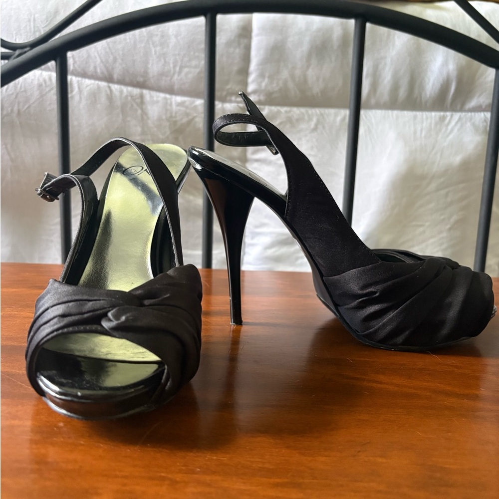 Black Satin Peep-Toe Slingback Platform Heels